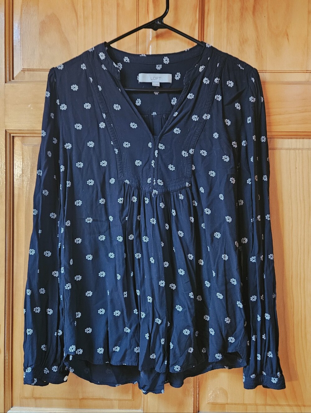 LOFT Black Floral Long-Sleeve Peasant Blouse
